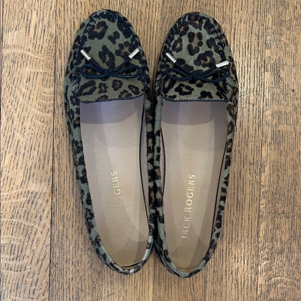 Women’s Jack Rogers Haircalf Leopard Moccasin Flats in Olive and Black